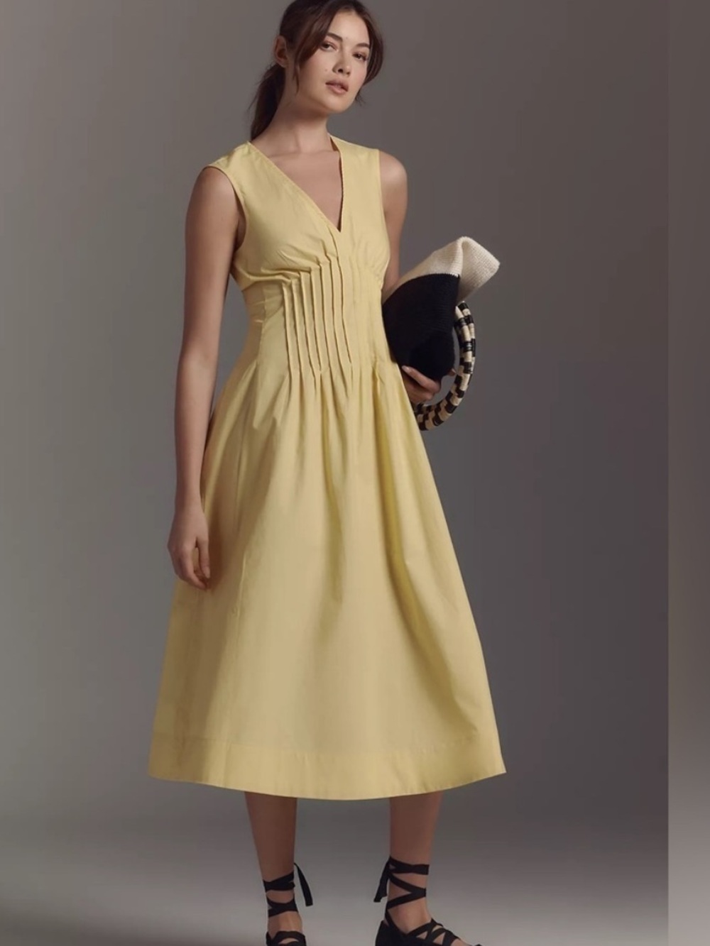Maeve The Hailey Sleeveless V-Neck Pintuck Midi Dress Sz M